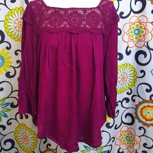 Burgundy Blouse with Crochet Lace Neckline
